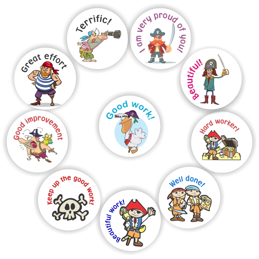 140 Teachers Reward Stickers - Pirates - Great effort, Terrific, reward sticker for the classroom