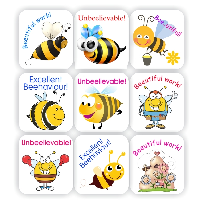 120 Teachers Reward Stickers - Bees: Bee..utiful work, un..bee..lievable, reward sticker for the classroom