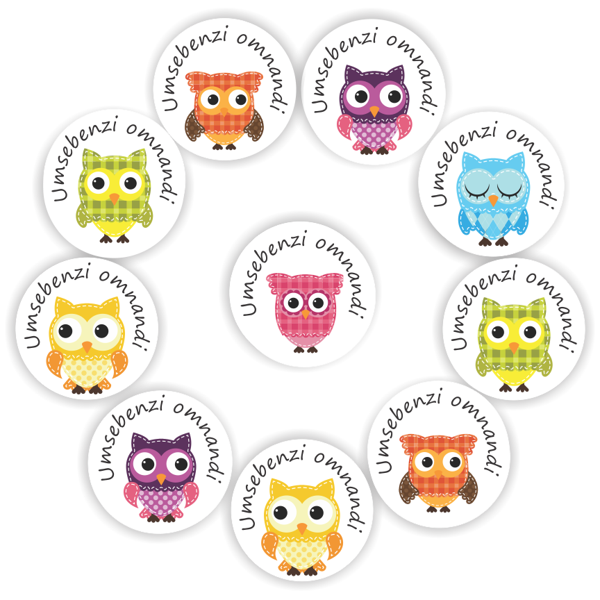 108 Isi-Zulu stickers | Owl : Umsebenzi omnandi- (Lovely Work), reward sticker for the classroom