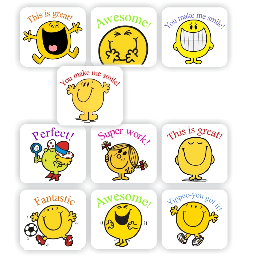 150 Teachers Reward Stickers - Happy yellow characters, Super work, reward sticker for the classroom