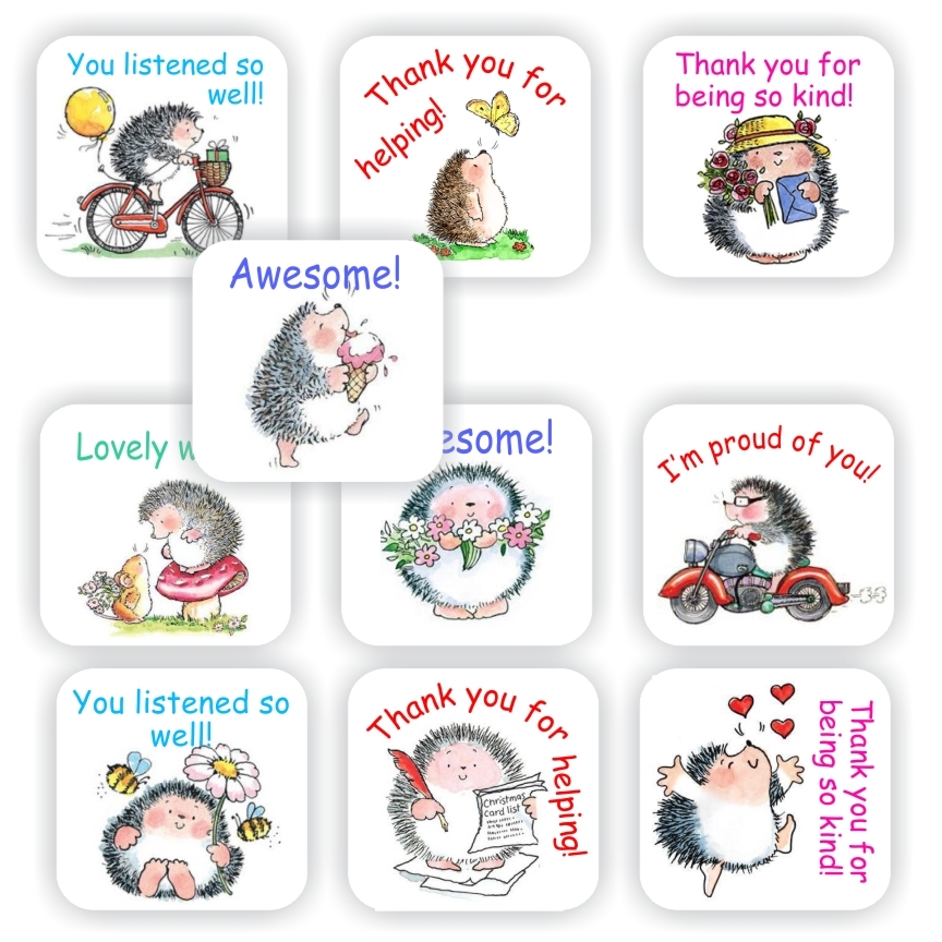 120 Teachers Reward Stickers - Hedgehog -You listened so well, Thank you for helping, Thank you for being kind, reward sticker for the classroom