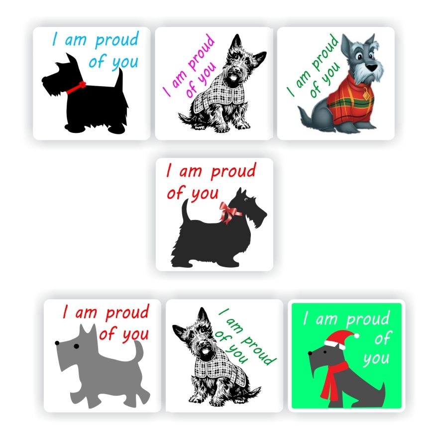70 Teachers Reward Stickers - Scotty Dogs, I am proud of you!, reward sticker for the classroom