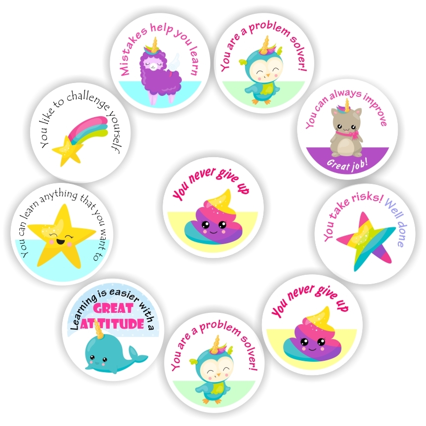 88 x Growth Mindset Stickers |Colourful Lamas, Star, Unicorn -Mistakes help you learn, You are a problem solver, reward sticker for the classroom