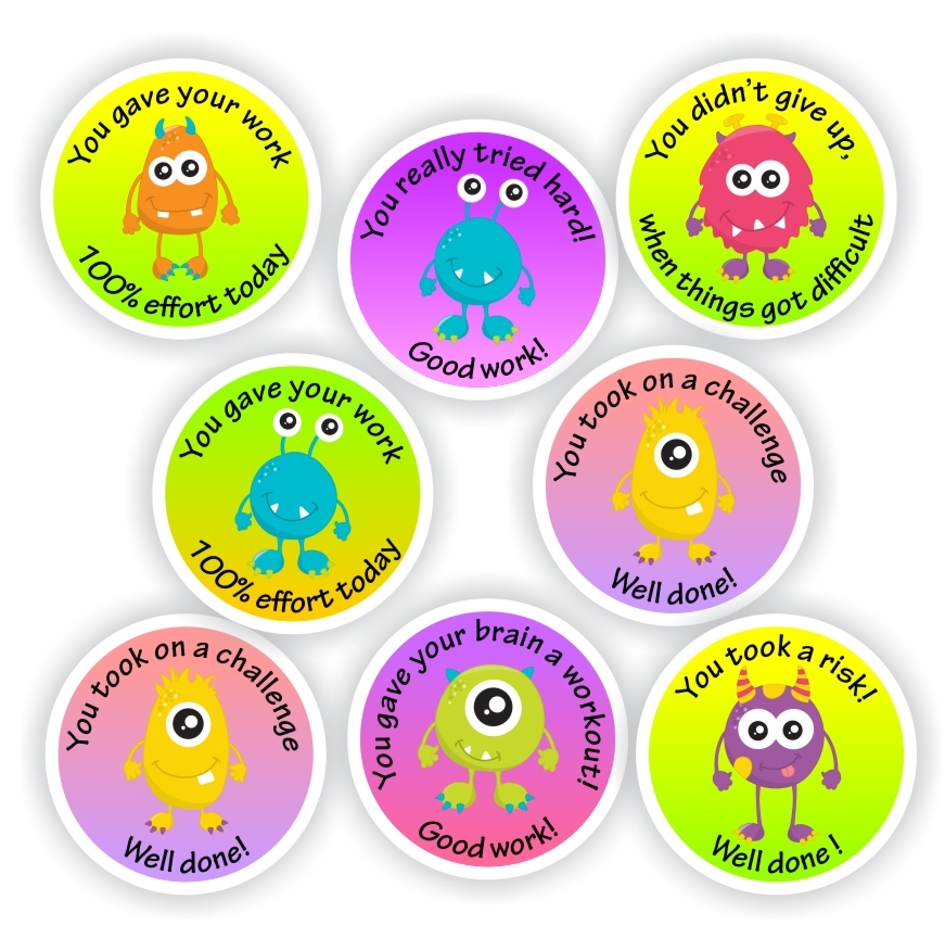 70 Growth Mindset Stickers |Cute monsters -You gave your work 100% effort, reward sticker for the classroom