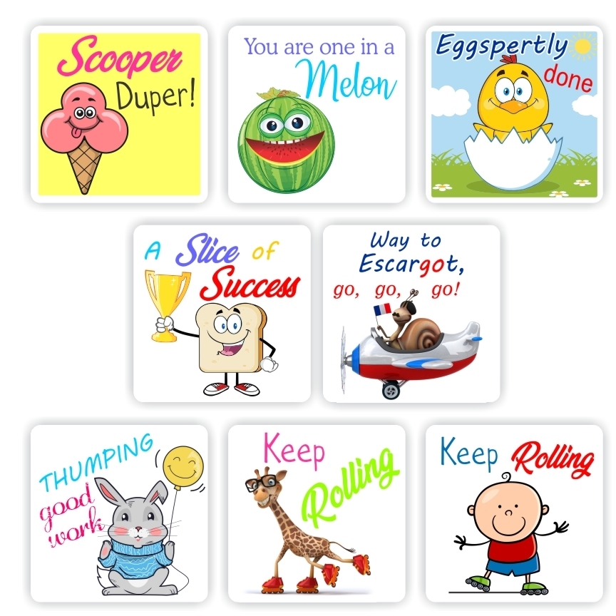 88 x -Teachers Reward stickers, Puns-Scooper duper! Keep rolling! Egg-spertly done!, reward sticker for the classroom
