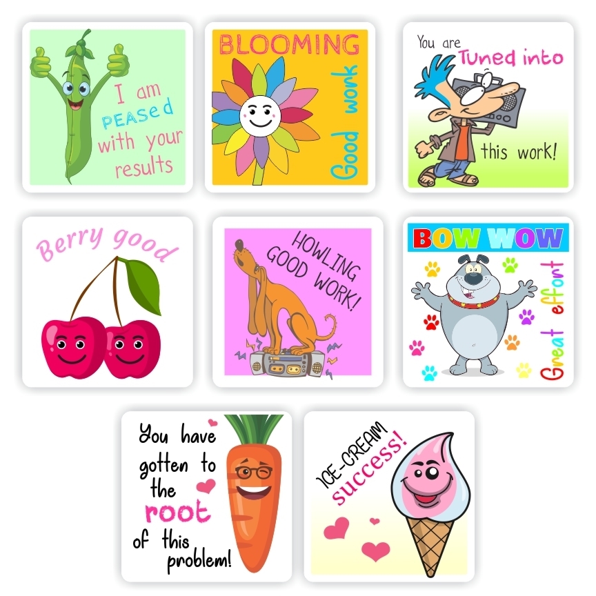 88 x -Teachers Reward stickers, Puns -Blooming good work, You are tuned into this work, Ice-cream success!, reward sticker for the classroom
