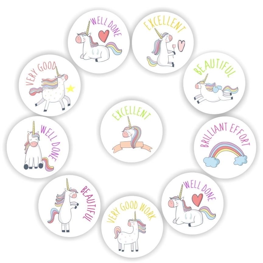 72 Teachers Reward Stickers -Unicorns, rainbows-Excellent! Very good work!, reward sticker for the classroom