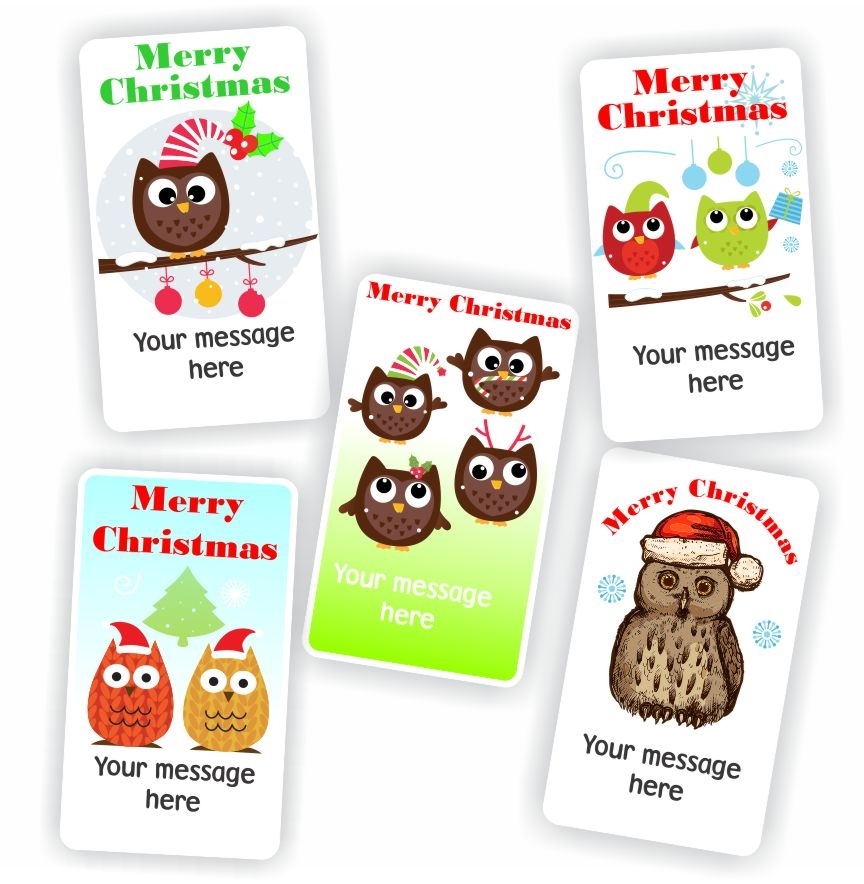 Christmas Owl Message Stickers | Owls in Santa Hats & Baubles : Merry Christmas, reward sticker for the classroom