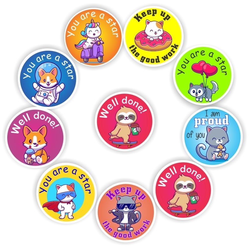 128 Teachers Reward Stickers -Cute sloths, unicorns, cats- Well done, you are a star, reward sticker for the classroom