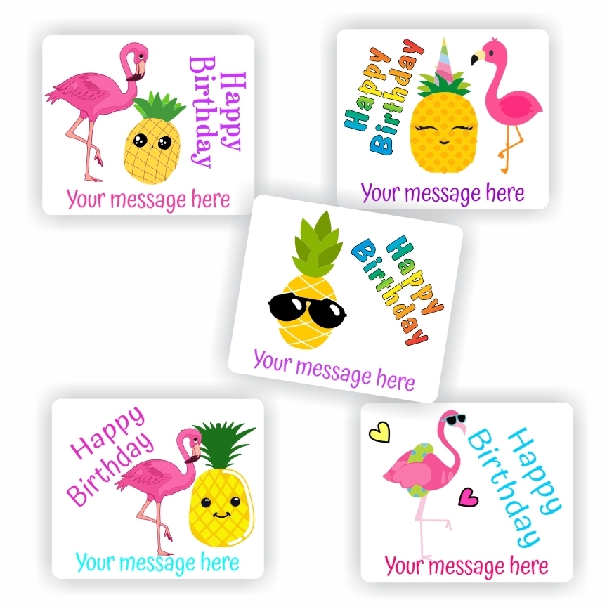 40 Happy Birthday stickers | Pineapples & Flamingos, reward sticker for the classroom