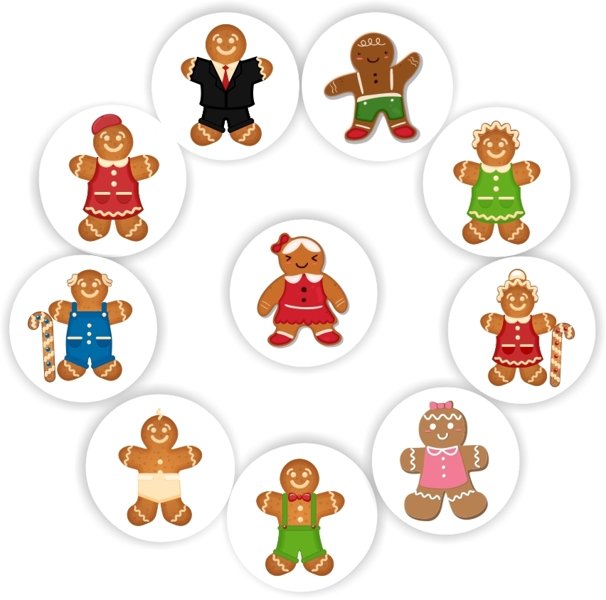 408 Mini Gingerbread Stickers | Gingerbread Girls & Boys with Candy Canes, reward sticker for the classroom