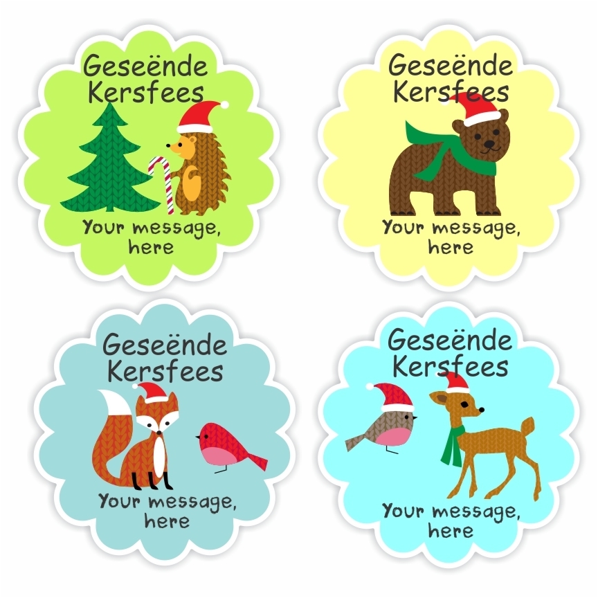 Afrikaans Kersfees Plakkers | Krimpvarkie, Beer, Jakkals, Rooiborsie & Takbokkie : Geseënde Kersfees, reward sticker for the classroom