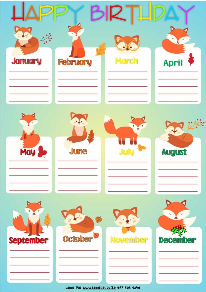 Poster Birthday Chart Afrikaans-Laminated & Re-usable, Fox themed, classroom poster