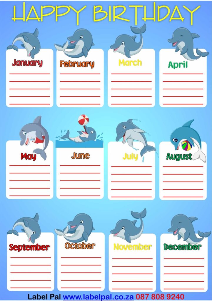 Poster Birthday Chart Afrikaans-Laminated & Re-usable, Dolphin themed, classroom poster