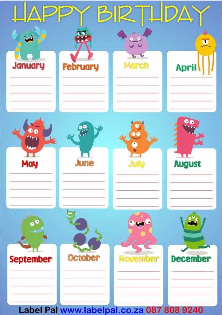 Poster Birthday Chart Afrikaans-Laminated & Re-usable, Monster themed, classroom poster