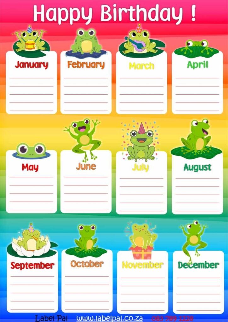 Poster Birthday Chart Afrikaans-Laminated & Re-usable, Frog themed, classroom poster