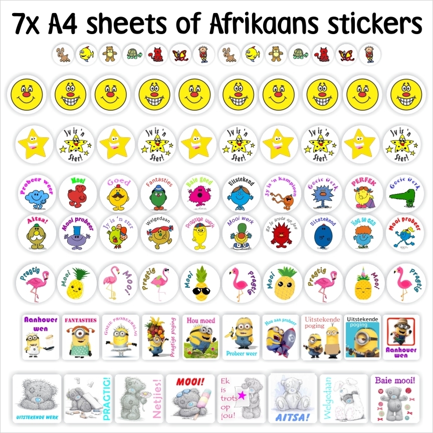 1176 x Afrikaans Teacher's Stickers Bundle Pack -SAVE 32% | 7 sheets -stickers (A4 pages), reward sticker for the classroom