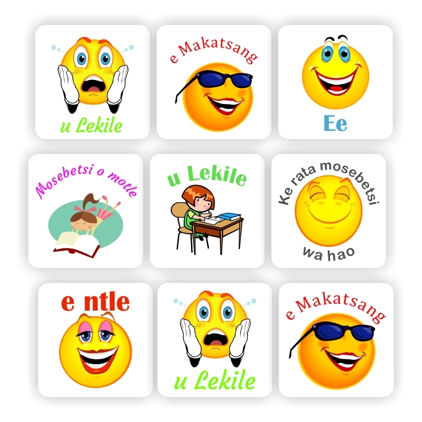 108 Sotho stickers | Ee, Ke rata mosebetsi wa hao, u Lekile,Mosebetsi o motle, e ntle. Smiley faces and emojies, reward sticker for the classroom