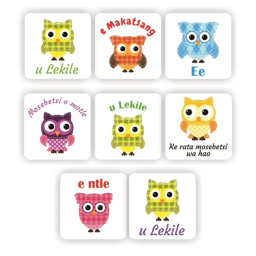 108 Sotho stickers |Colourful Owls: Ee, Ke rata mosebetsi wa hao, reward sticker for the classroom
