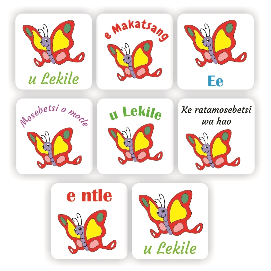 108 Sotho stickers | Butterflies: Ee, Ke rata mosebetsi wa hao, reward sticker for the classroom