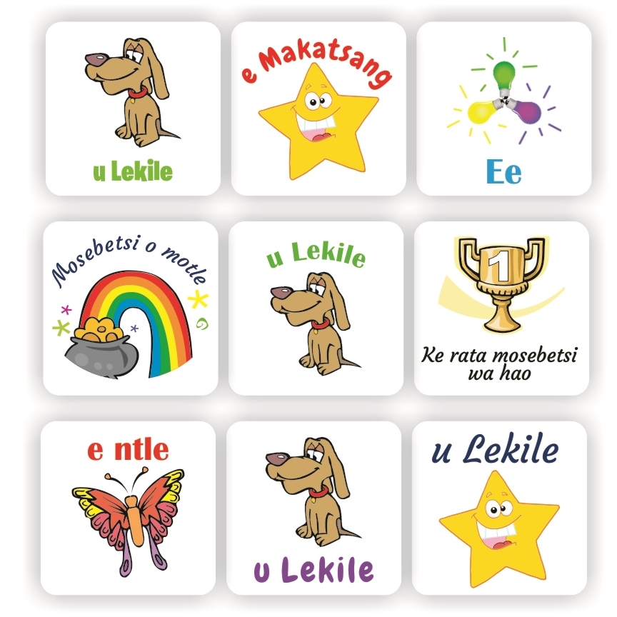 108 Sotho stickers | Star, trophy, Rainbow, butterfly :Ee, Ke rata mosebetsi wa hao, reward sticker for the classroom
