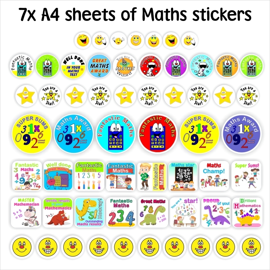 1086 x Maths Stickers Bundle -SAVE 32% | 7 sheets -stickers (A4 pages), reward sticker for the classroom