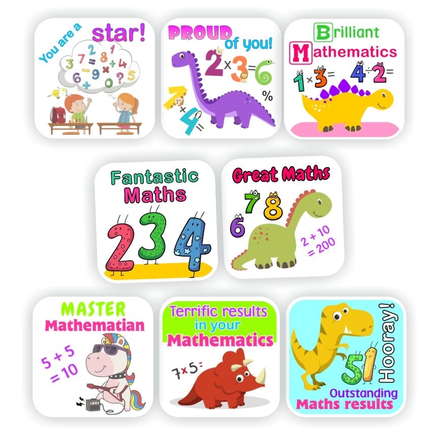 88 Maths Stickers | Dinosaurs, Rocking Unicorn & Numbers : Proud of you!, reward sticker for the classroom