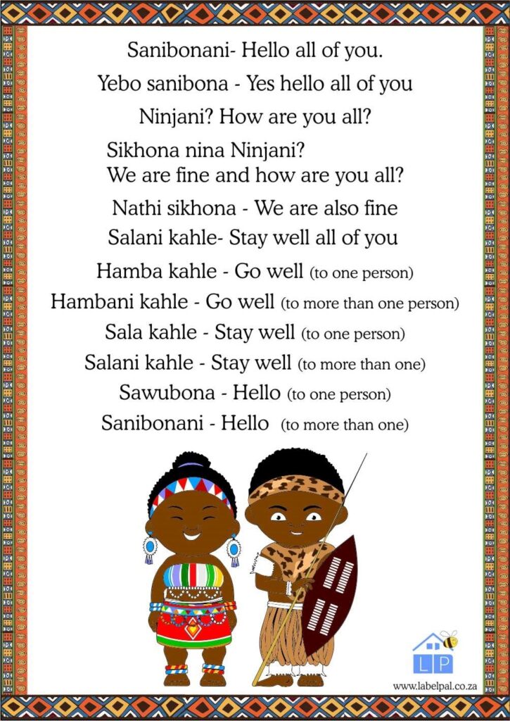Isizulu Poster - Greetings Sanibonani- Hello all of you, classroom poster