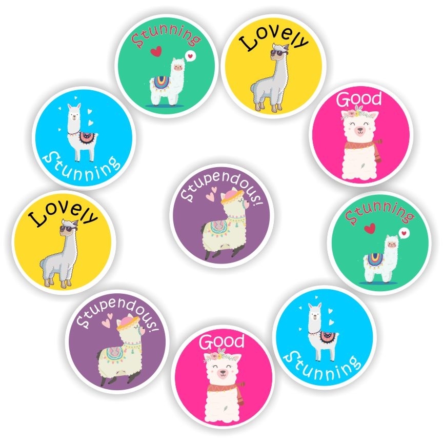 140 Teachers Reward Stickers - Llamas- Lovely, Good, Stunning, Stupendous, reward sticker for the classroom