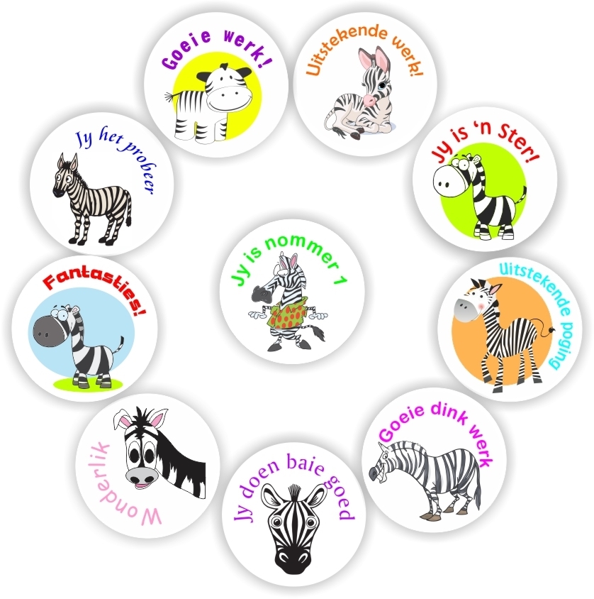 140 Afrikaans Stickers | Zebras : Jy is nommer 1, Jy het probeer,, reward sticker for the classroom