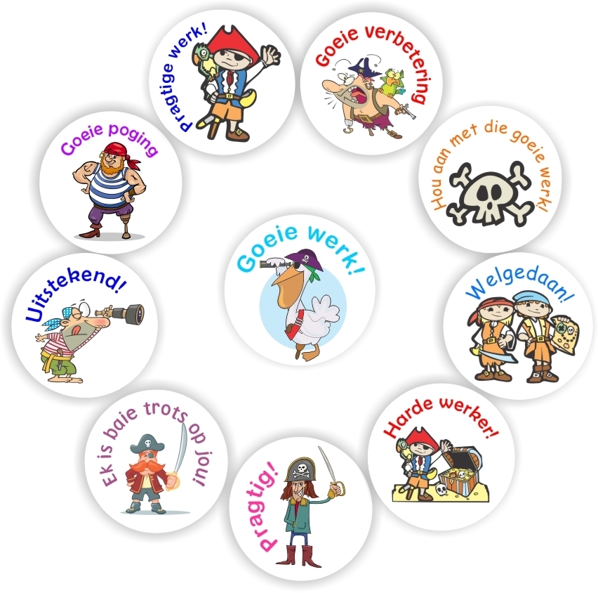 140 AfrikaansStickers | Pirates & Skulls-Welgedaan, Pragtige werk, reward sticker for the classroom