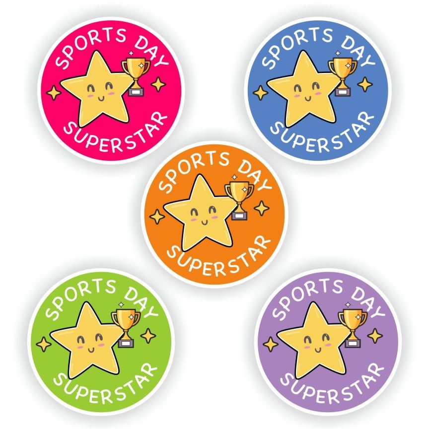 88 Sports Day Superstar Stickers| Happy Star & trophy. Bright and Colourful, reward sticker for the classroom