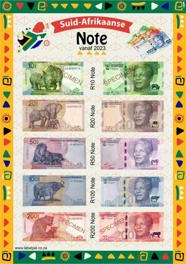 Afrikaans Plakkaat- Note van Suid Afrika - Afrikaans Poster South African Money (notes), classroom poster