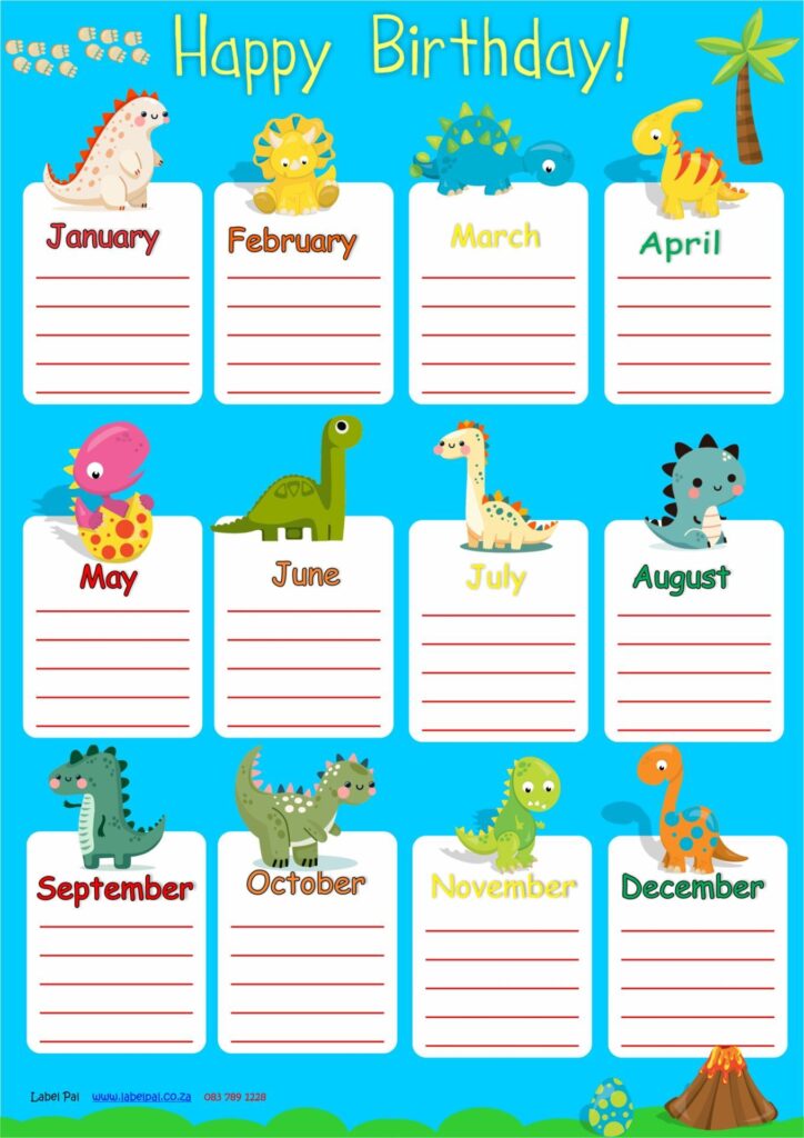 Poster- Birthday Chart-Bees, Laminated & Re-usable- Dinosaur Themed, classroom poster