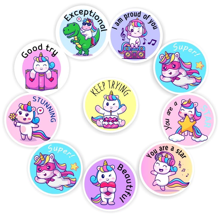 120 Teachers Reward Stickers -Unicorn singing,dancing, Keep trying, reward sticker for the classroom