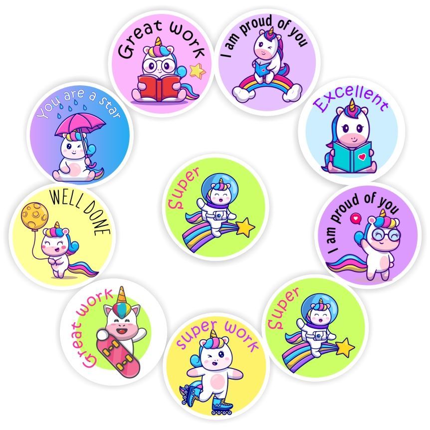 128 Teachers Reward Stickers -Unicorn skating, reading, Well done, reward sticker for the classroom