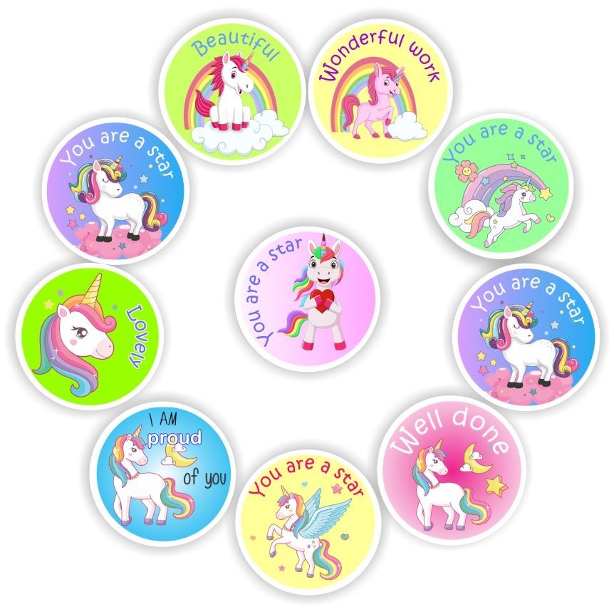 108 Teachers Reward Stickers -Unicorns & Rainbows, Pastel colours- You are a star!, reward sticker for the classroom