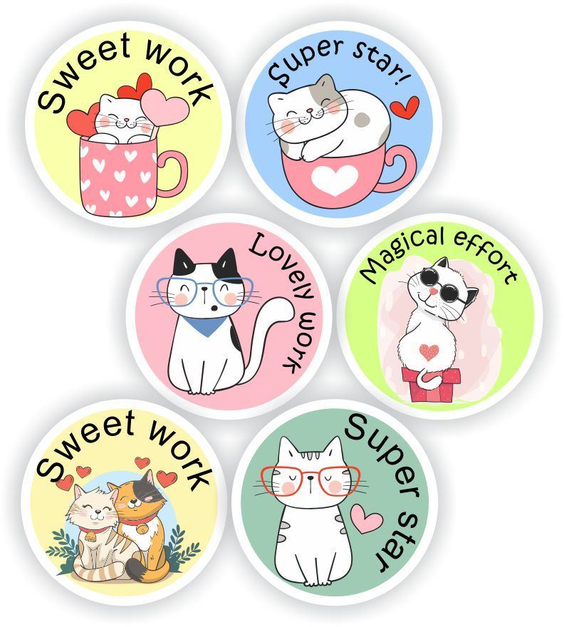63 Teachers Reward Stickers Large-Kittens, Magical effort, Super star, reward sticker for the classroom