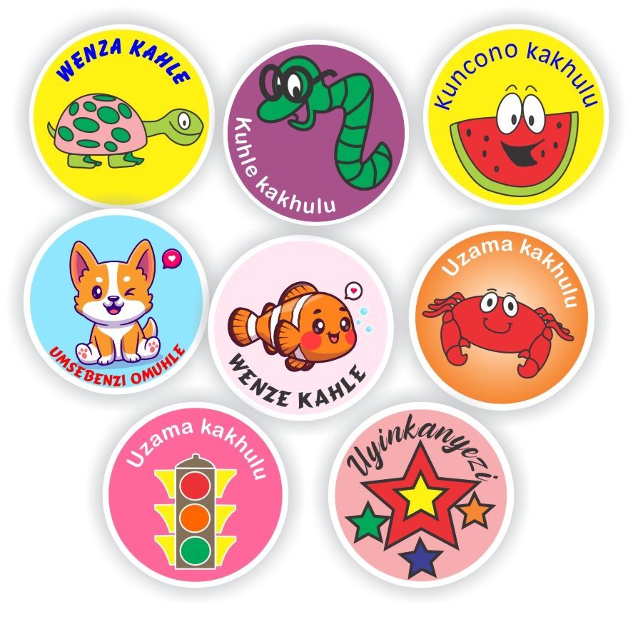 Zulu Stickers | Tortoise, Clownfish, Crab & Puppy : Wenza kahle, Uzama kakhulu, reward sticker for the classroom
