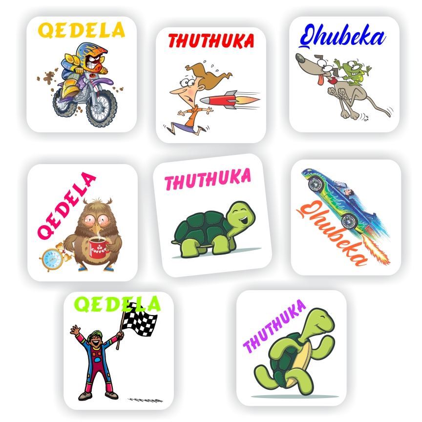 Zulu Stickers | Racing Cars, Tortoises & Motocross : Qedela, Thuthuka, Qhubeka, reward sticker for the classroom