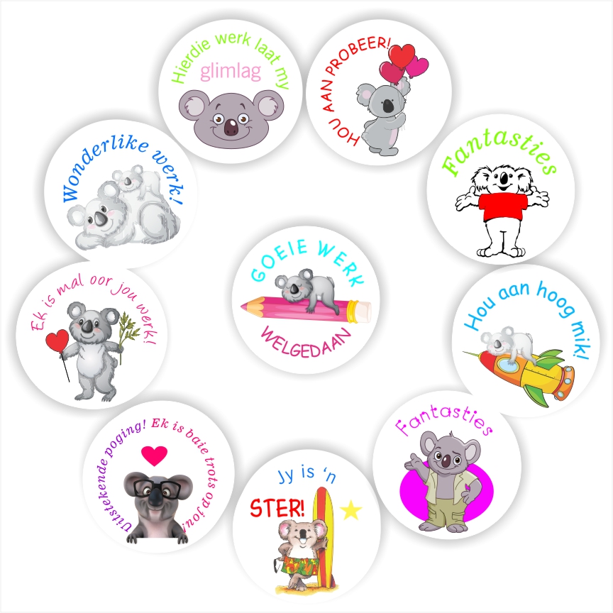 140 Afrikaans Stickers | Koalas : Goeie werk, Wonderlike werk!, Jy is ’n ster!