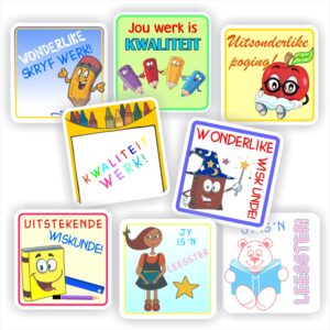 96 Afrikaans Stickers | Maths, Writing & Reading : Kwaliteit werk!, Uitstekende Wiskunde!, Jy is ’n leesster