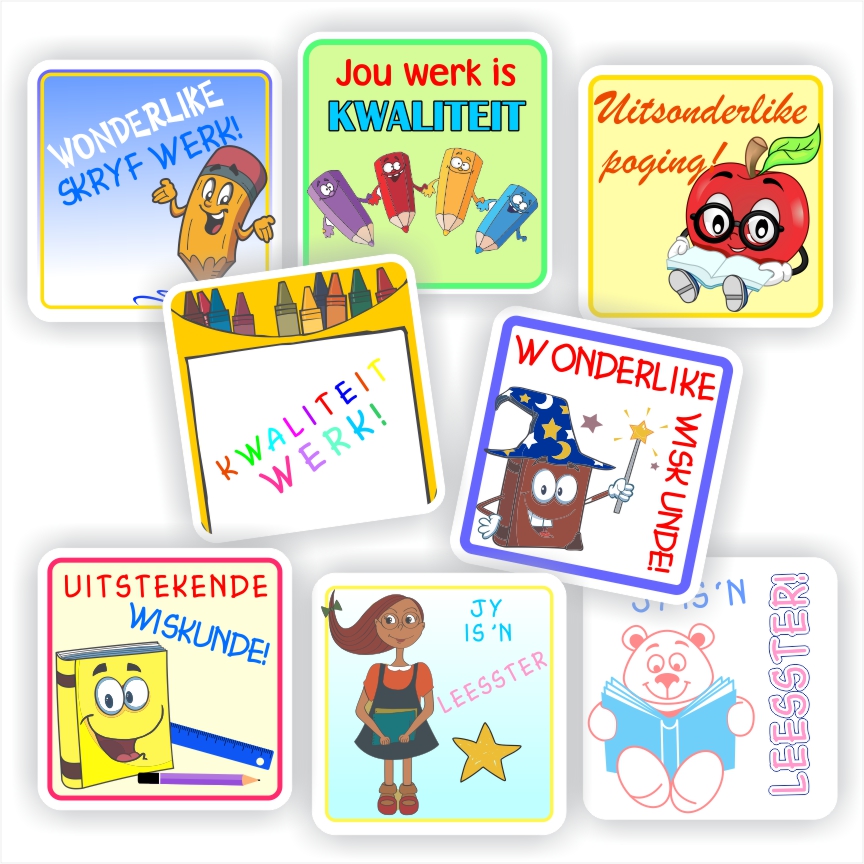 96 Afrikaans Stickers | Maths, Writing & Reading : Kwaliteit werk!, Uitstekende Wiskunde!, Jy is ’n leesster