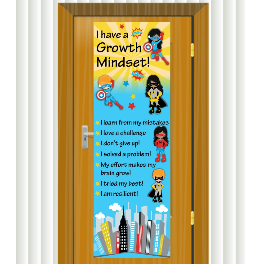 PVC Door Banner | Super Heros: I have a Growth Mindset. I learn from my mistakes, classroom door banner