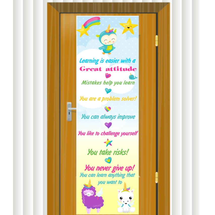PVC Door Banner | Llamas & Unicorn : Learning is easier with a great attitude !, classroom door banner