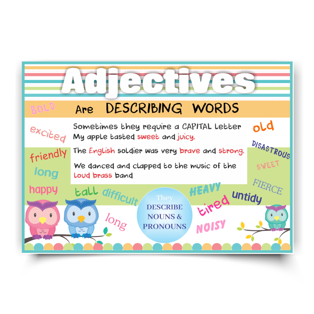Poster | Parts of Speech | Adjectives. Owls, classroom poster