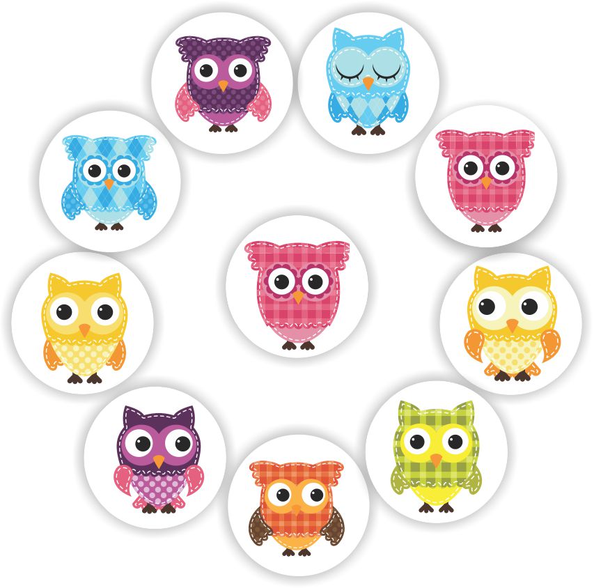 Mini Patchwork Owl Stickers | Pink, Blue, Yellow, Purple, Green Owls, reward sticker for the classroom