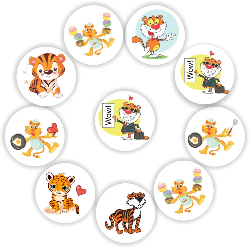 Mini Tiger Stickers | Cubs, Chef Tigers, Cupcakes, Wow!, reward sticker for the classroom
