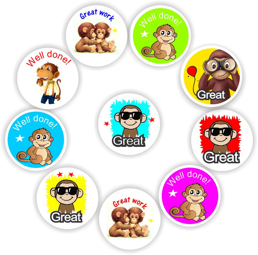 Mini Monkey Stickers | Well done!, Great work, Great, reward sticker for the classroom