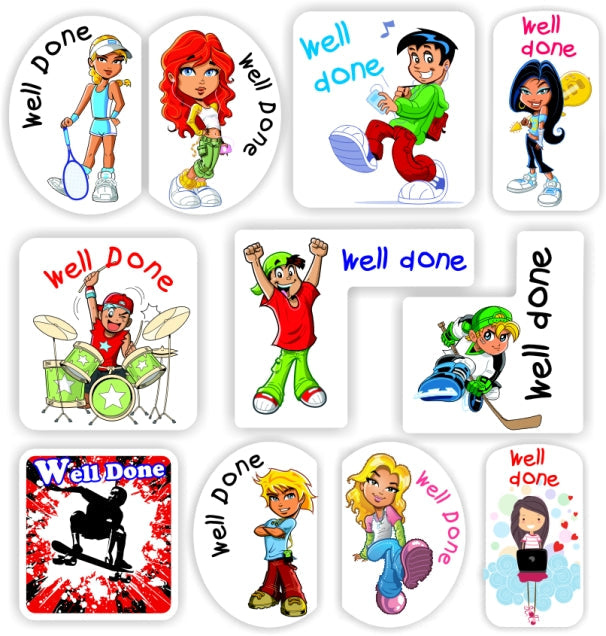 49 Teacher's reward stickers -Teenagers, Musical instruments, Ice hockey, Well done, reward sticker for the classroom